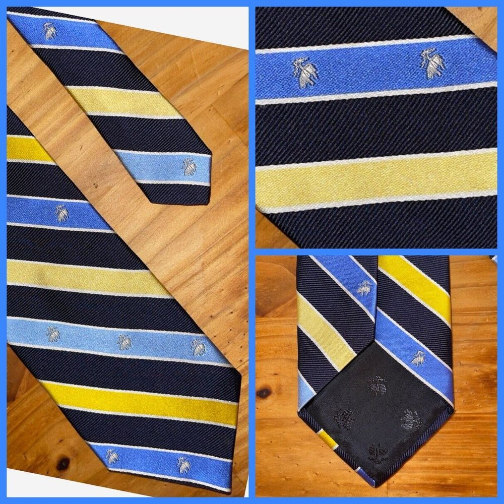 Brooks Brothers Neck Tie Men Logo Striped Yellow Navy Blue Repp